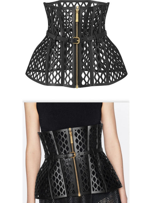 Black Leather Laser Cut-Out Wide Corset Belt - Accessories