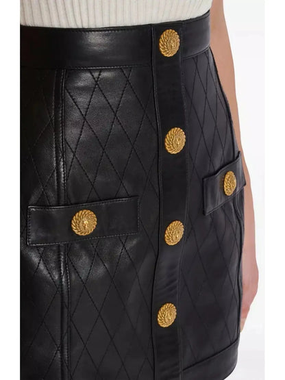 Black Leather Mini Skirt with Gold Button Embellishments - Skirts