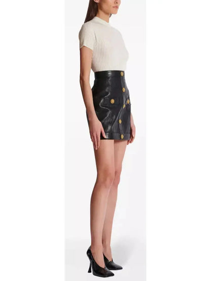 Black Leather Mini Skirt with Gold Button Embellishments - Skirts