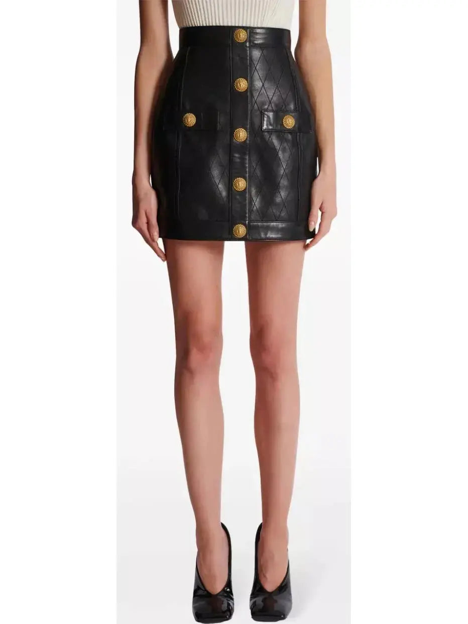 Black Leather Mini Skirt with Gold Button Embellishments - Skirts