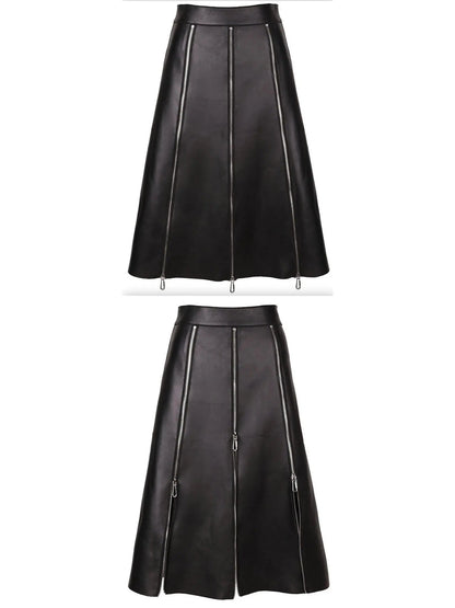 Black Leather Zip-Embellished Midi Skirt - s - Skirts