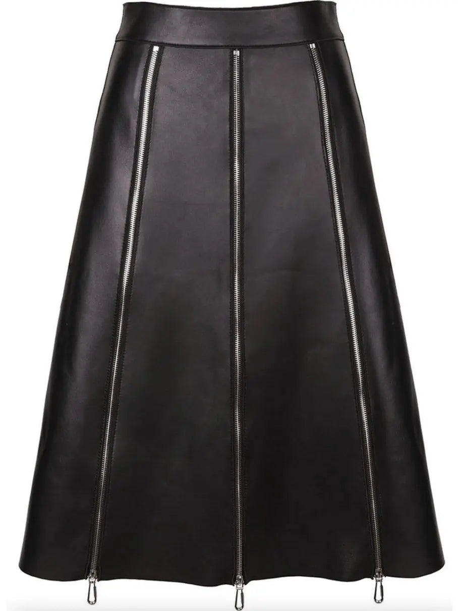 Black Leather Zip-Embellished Midi Skirt - Skirts