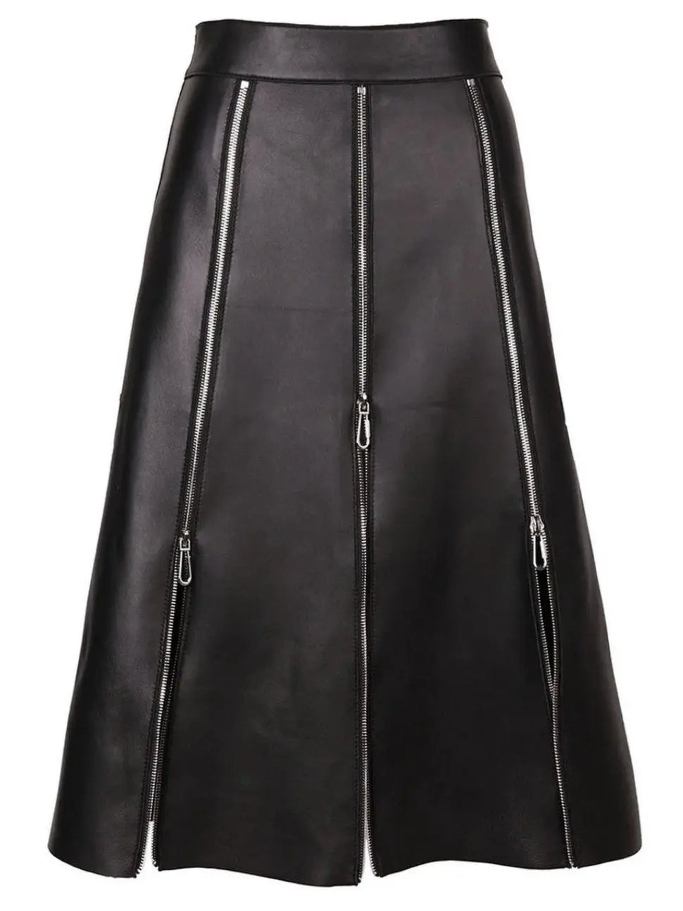 Black Leather Zip-Embellished Midi Skirt - Skirts