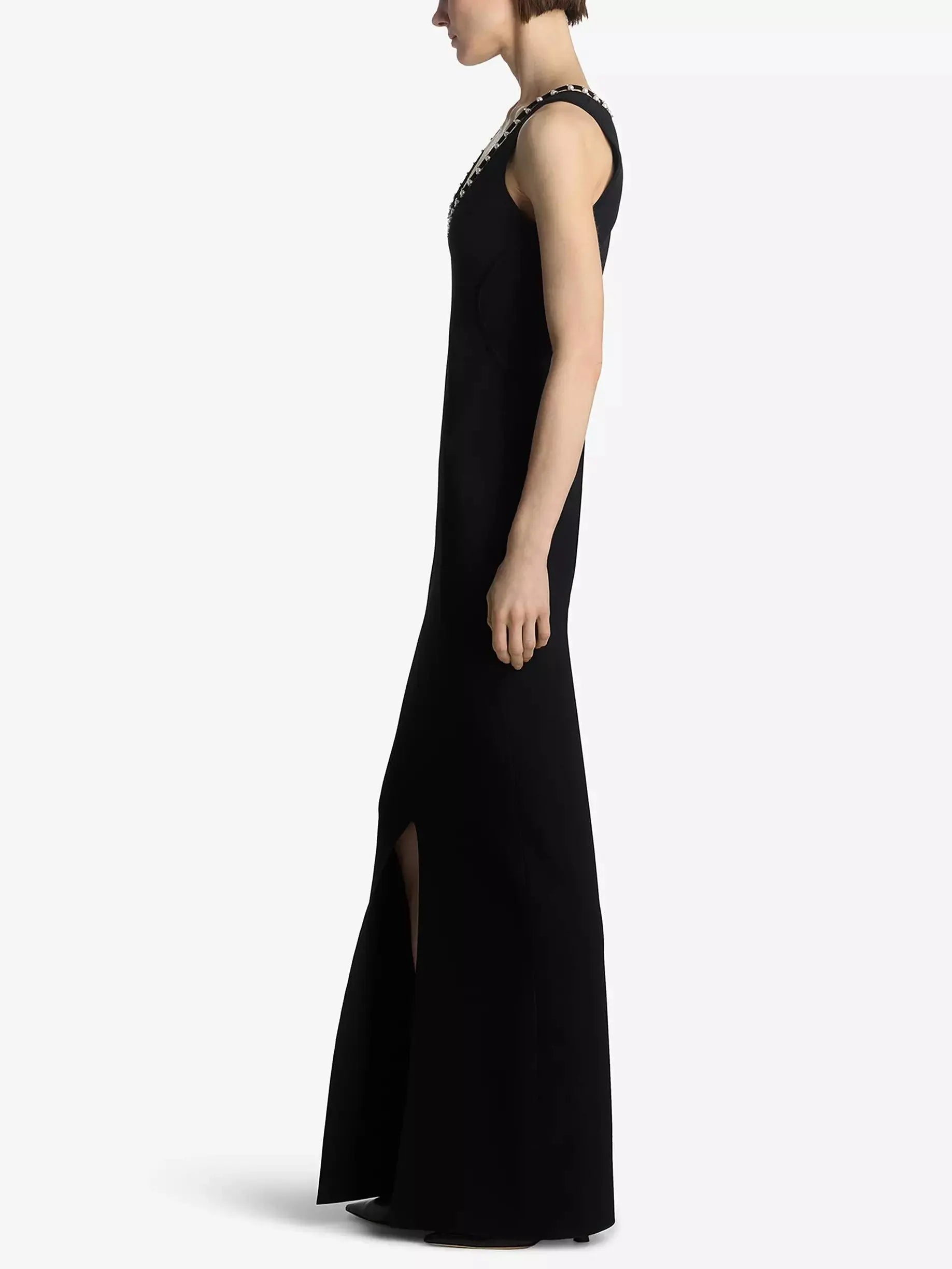 Black Long Embellished V-Neck Dress - Dresses