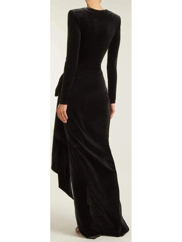 Black Long Ruched Asymmetrical Velvet Gown - Dresses