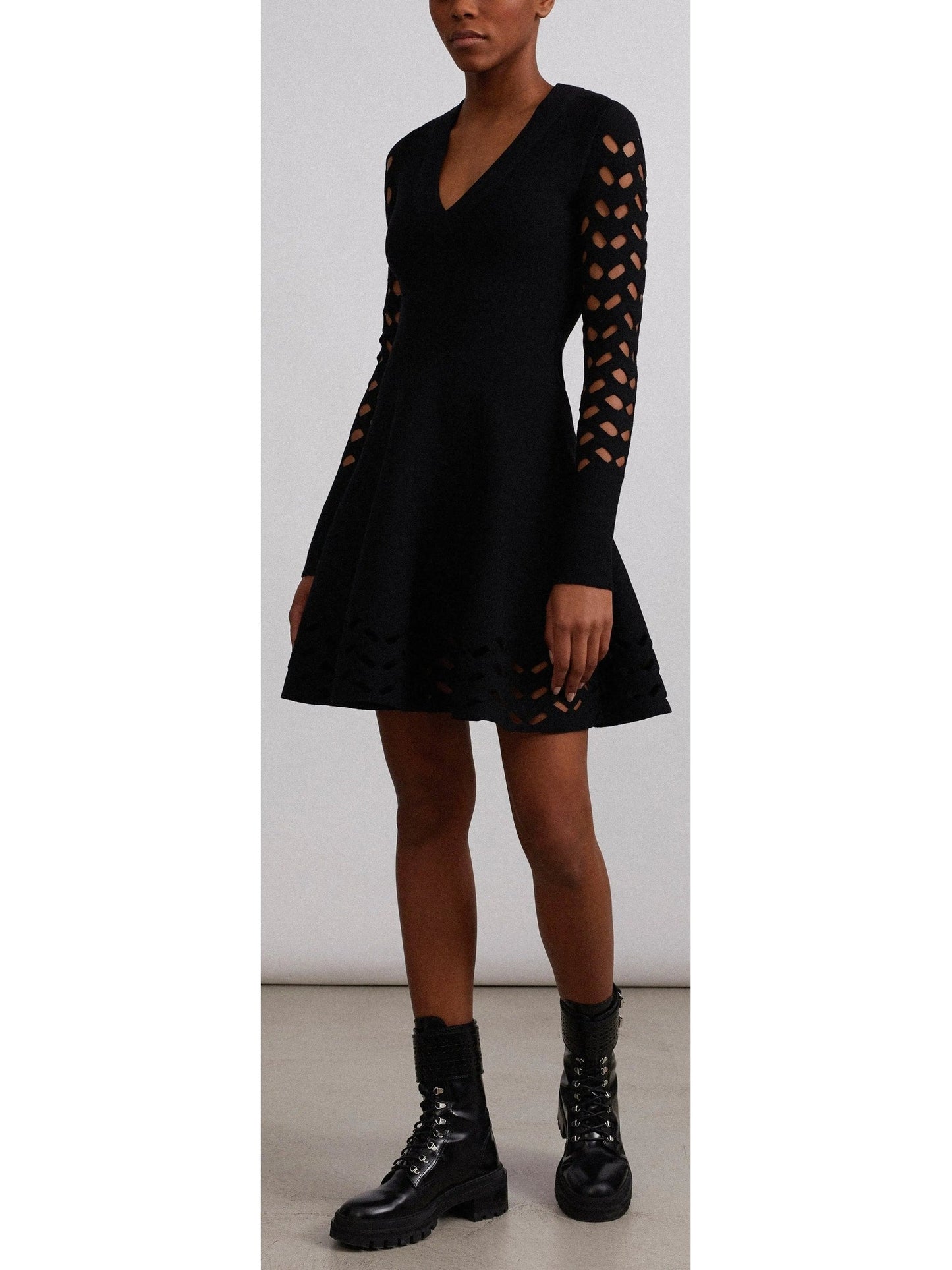 Black Long-Sleeve Open-Work Knit Dress - Dresses