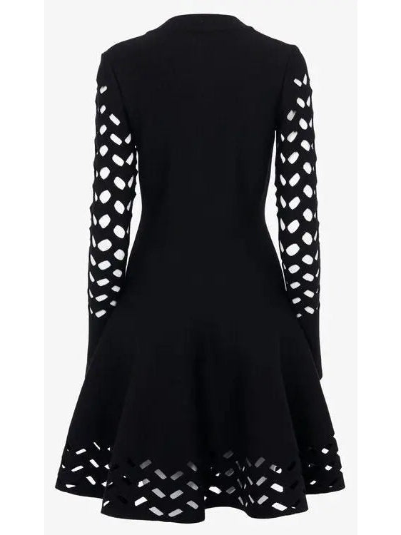 Black Long-Sleeve Open-Work Knit Dress - Dresses