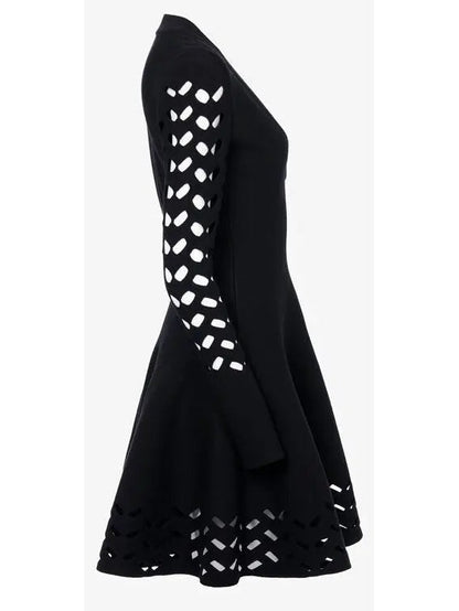 Black Long-Sleeve Open-Work Knit Dress - Dresses