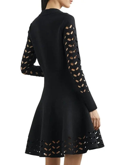 Black Long-Sleeve Open-Work Knit Dress - Dresses