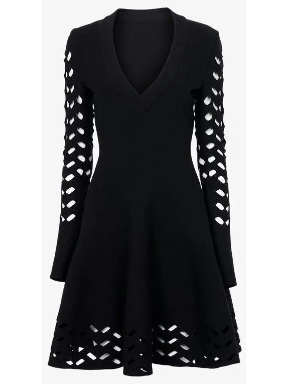 Black Long-Sleeve Open-Work Knit Dress - Dresses