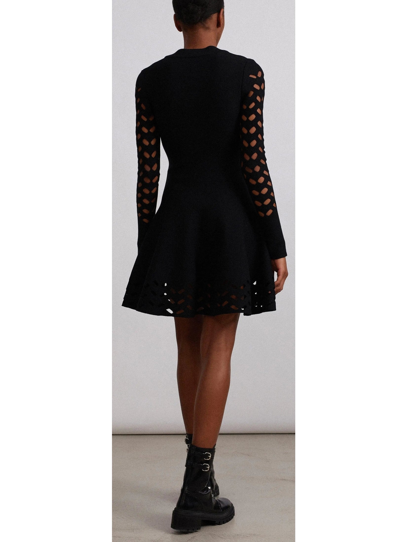 Black Long-Sleeve Open-Work Knit Dress - Dresses