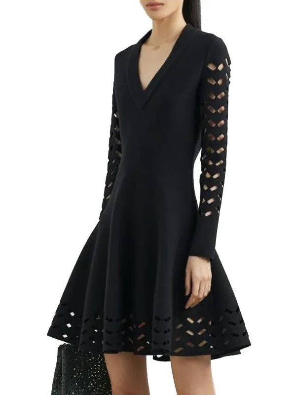 Black Long-Sleeve Open-Work Knit Dress - Dresses