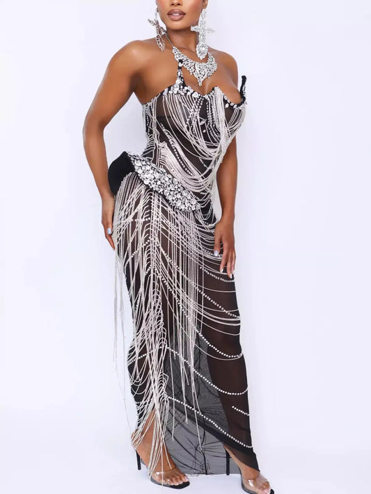 Black Mesh Sculptured Dress with Draped Crystals - Dresses