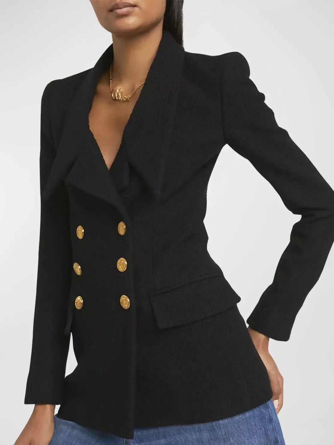 Black Micro Bouclette Double-Breasted Blazer Jacket - Jackets