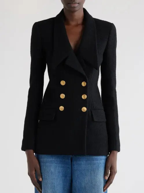 Black Micro Bouclette Double-Breasted Blazer Jacket - Jackets