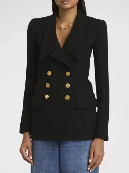 Black Micro Bouclette Double-Breasted Blazer Jacket - Jackets