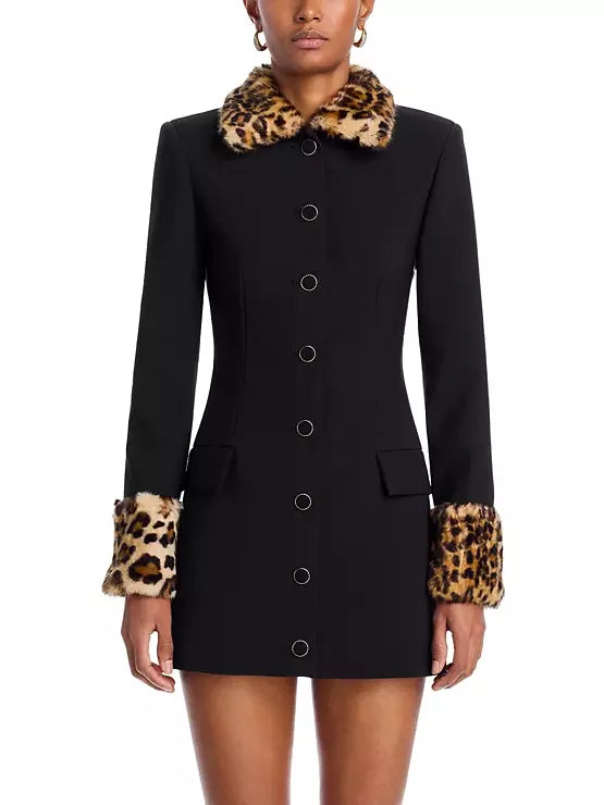 Black Mini Dress with Leopard Faux-fur Trim Free Shipping Black Mini Dress with Leopard Faux-fur Trim Free Shipping