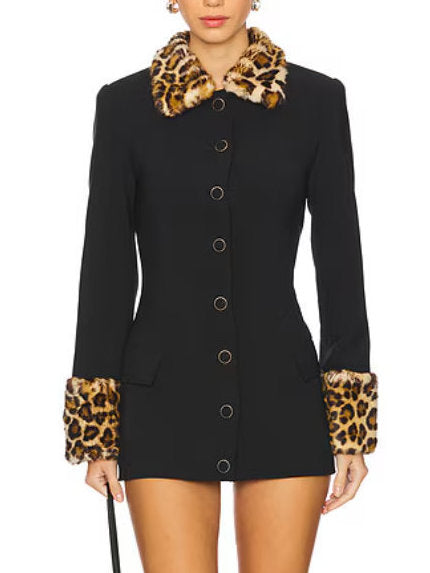 Black mini dress with detachable leopard faux-fur collar and cuffs for stylish flair