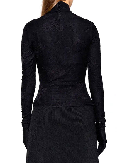 Black Mock-Neck Lace Lingerie Top - Tops
