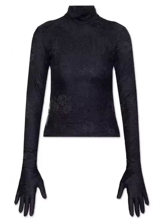 Black Mock-Neck Lace Lingerie Top - S - Tops