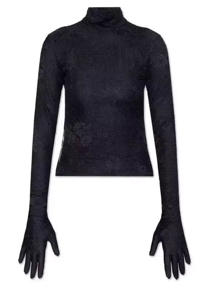 Black Mock-Neck Lace Lingerie Top - S - Tops