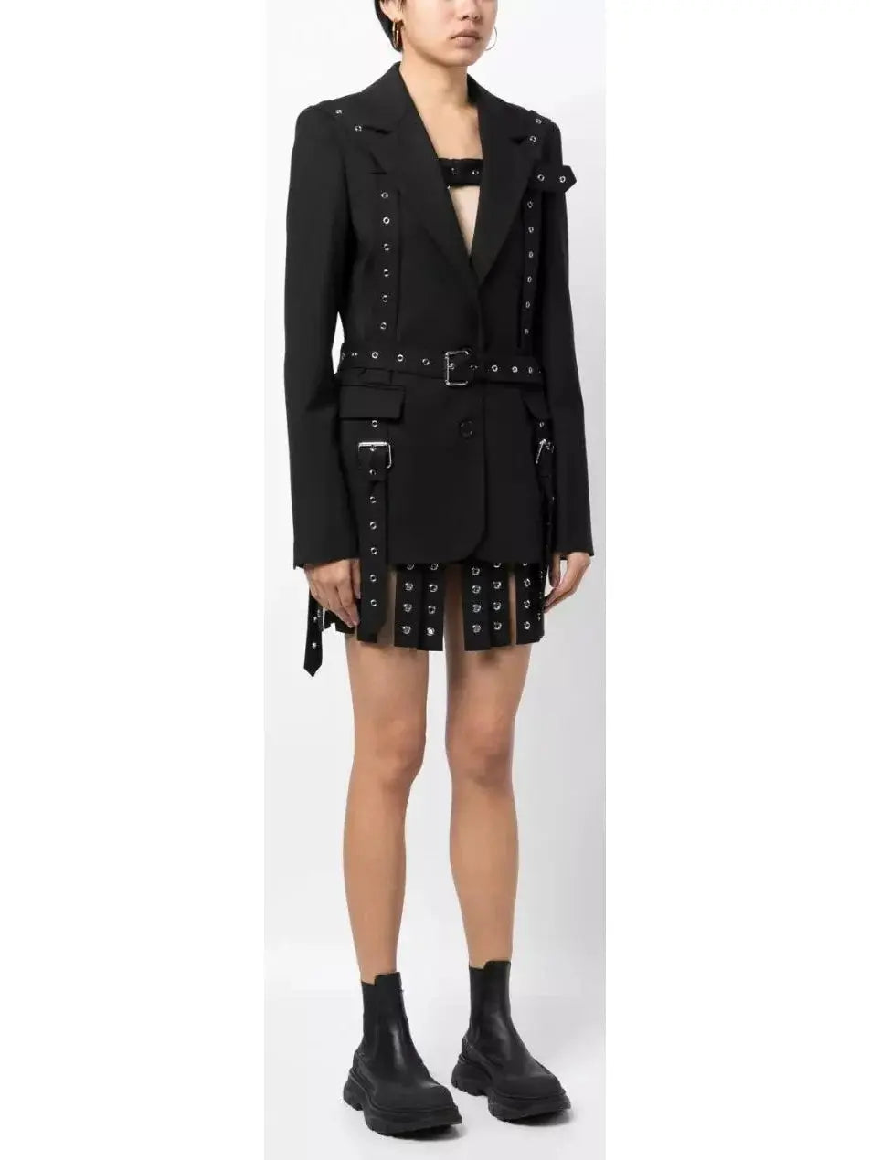 Black Multi Buckle Belted Single Breasted Blazer - Jackets