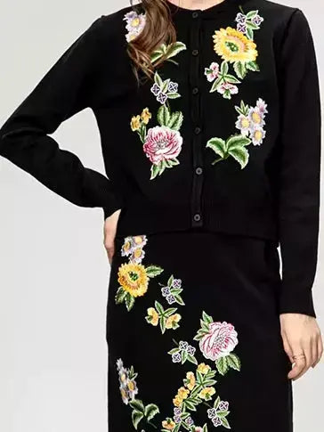 Black Multi Floral Embroidered Knit Cardigan and Skirt Set - Suits & Sets