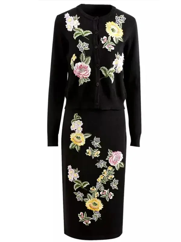 Black Multi Floral Embroidered Knit Cardigan and Skirt Set - Suits & Sets