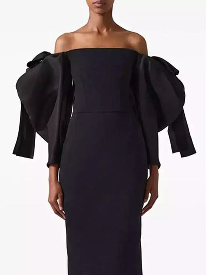 Black Off-Shoulder Sculptured-Sleeve Gown - Dresses