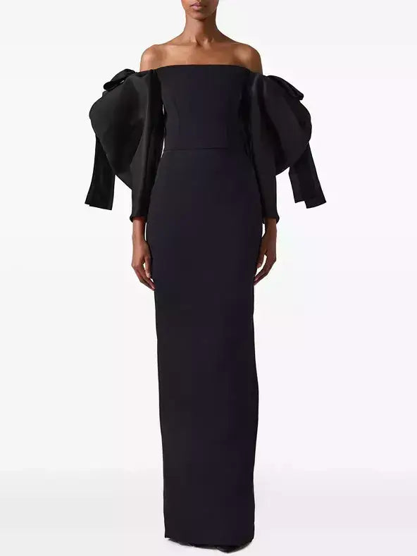 Black Off-Shoulder Sculptured-Sleeve Gown - Dresses