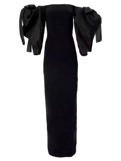 Black Off-Shoulder Sculptured-Sleeve Gown - Dresses