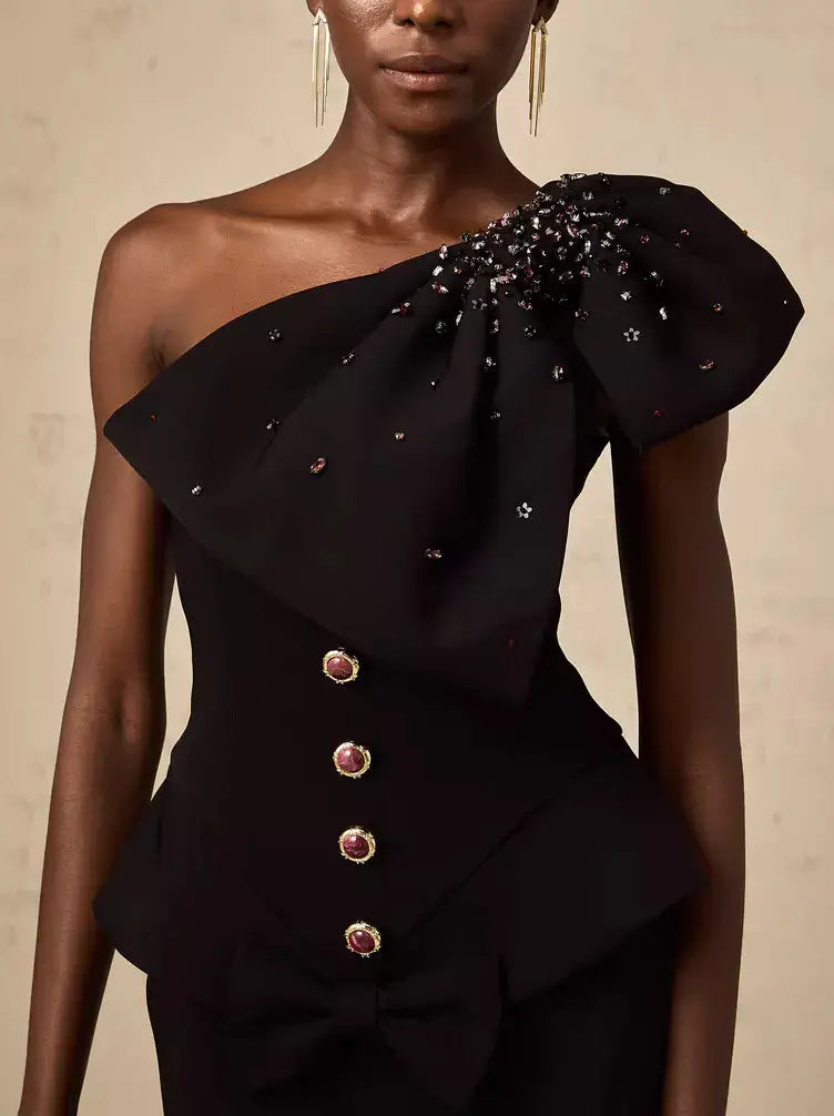 Black One-Shoulder Embellished Bow Peplum Mini Dress - Dresses