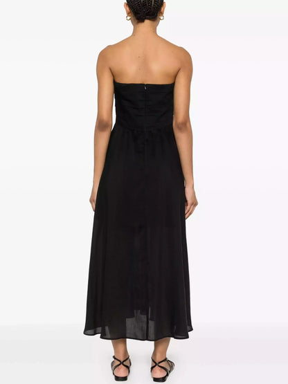 Black Paneled Strapless Dress with Gold Buttons - Dresses