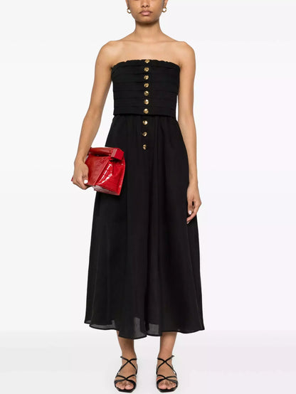 Black Paneled Strapless Dress with Gold Buttons - Dresses