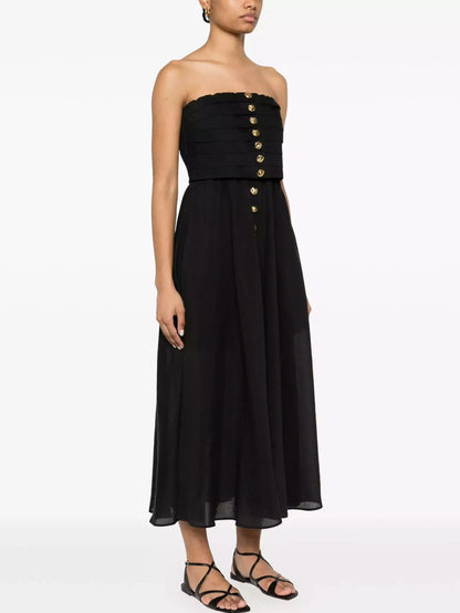 Black Paneled Strapless Dress with Gold Buttons - Dresses