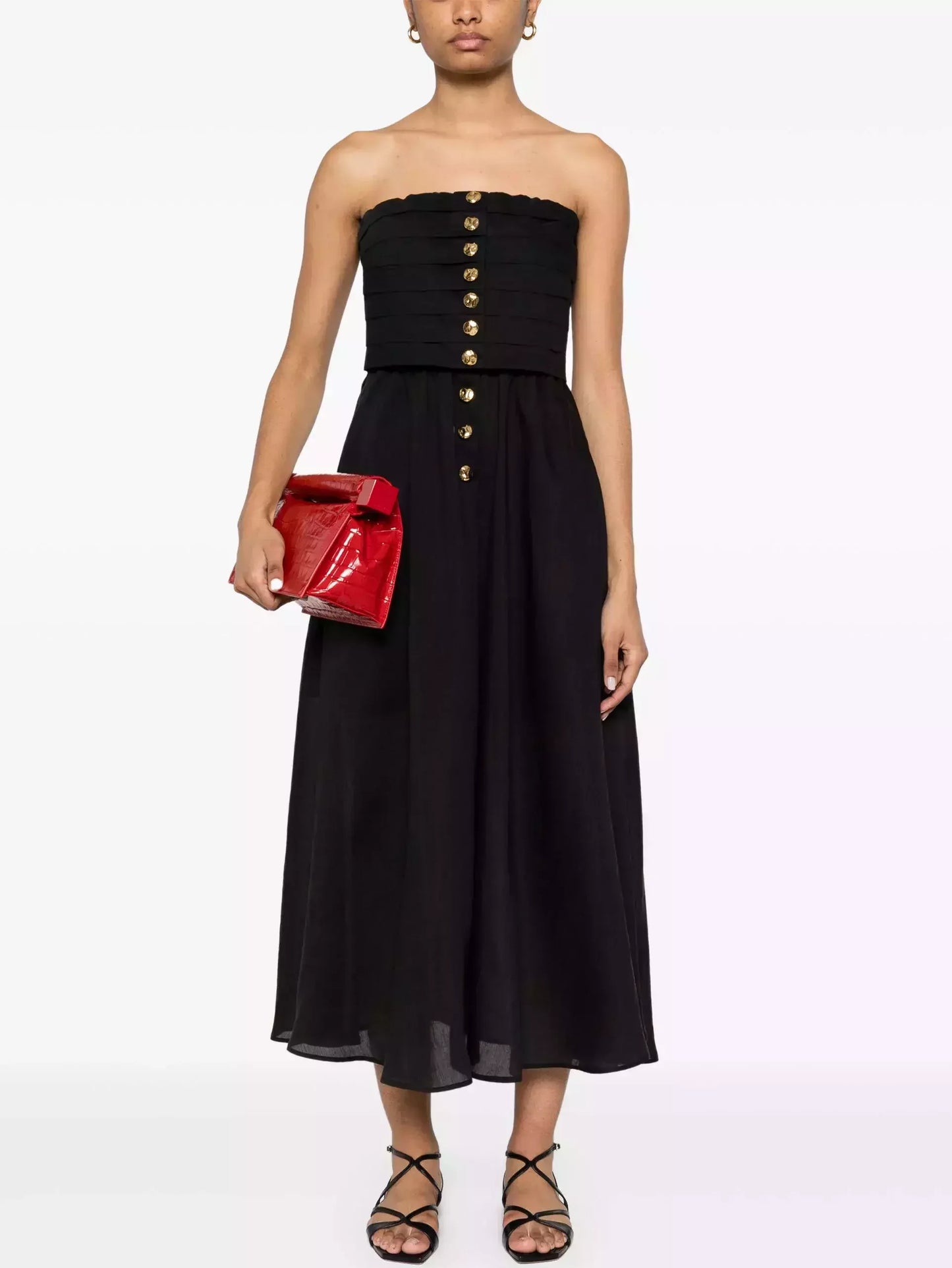 Black Paneled Strapless Dress with Gold Buttons - Dresses