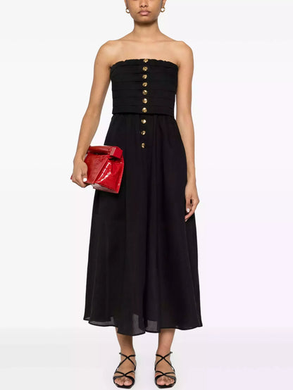 Black Paneled Strapless Dress with Gold Buttons - Dresses