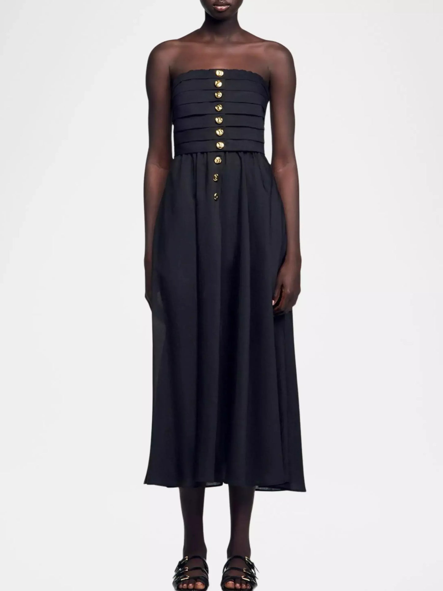 Black Paneled Strapless Dress with Gold Buttons - Small - Dresses