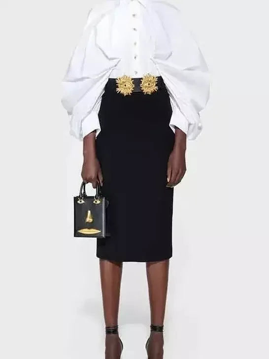 Black Pencil Skirt with Gold Buttons - Skirts