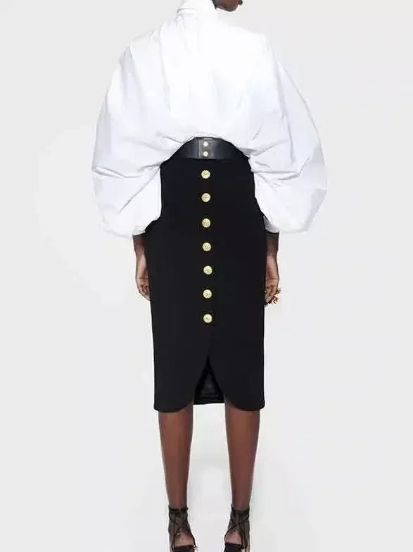 Black Pencil Skirt with Gold Buttons - Skirts