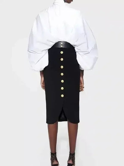 Black Pencil Skirt with Gold Buttons - Skirts