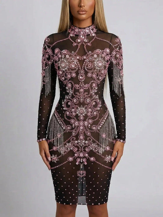 Black & Pink Rhinestone-Embellished Short Dress - S - Dresses