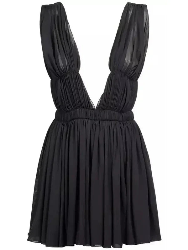 Black Pleated Open-Back Mini Dress - Dresses