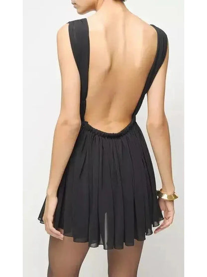 Black Pleated Open-Back Mini Dress - Dresses