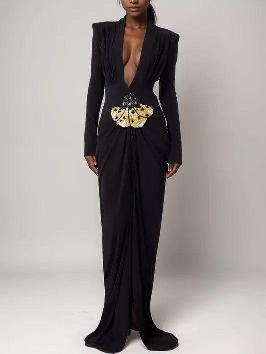 Elegant black plunge-neck draped stretch gown with beaded patch embroidery detail