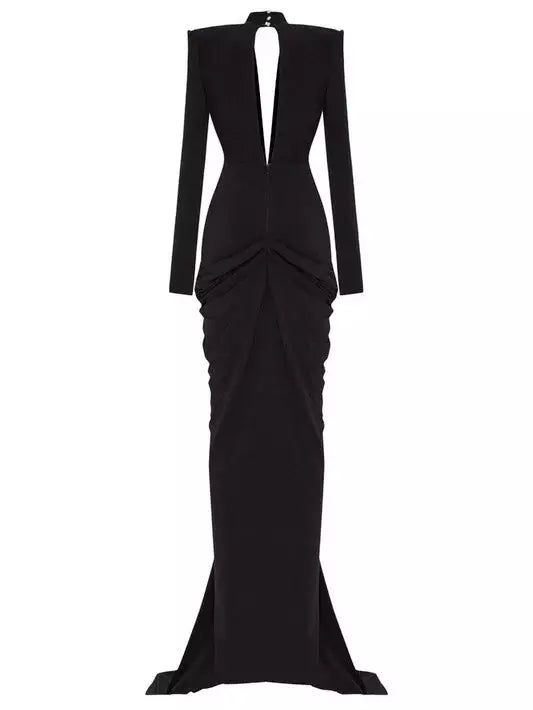 Elegant black plunge-neck draped stretch gown with beaded patch embroidery details