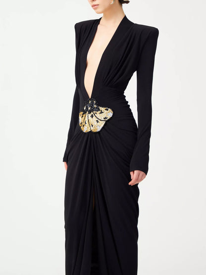 Elegant Black Plunge-Neck Draped Stretch Gown with Beaded Patch Embroidery detail