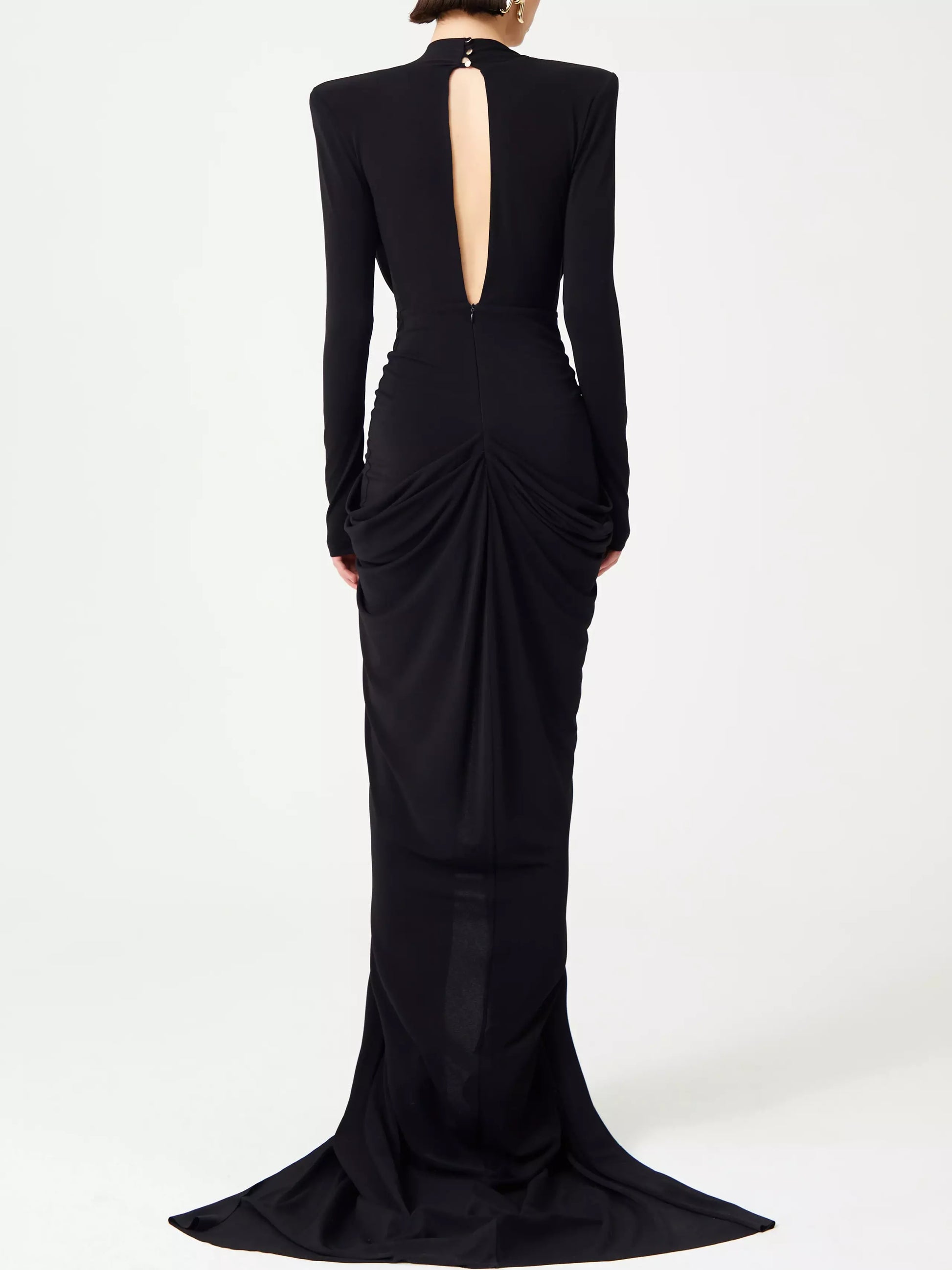 Black plunge-neck draped stretch gown with beaded patch embroidery and long sleeves