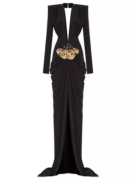 Elegant black plunge-neck draped stretch gown with beaded patch embroidery detail