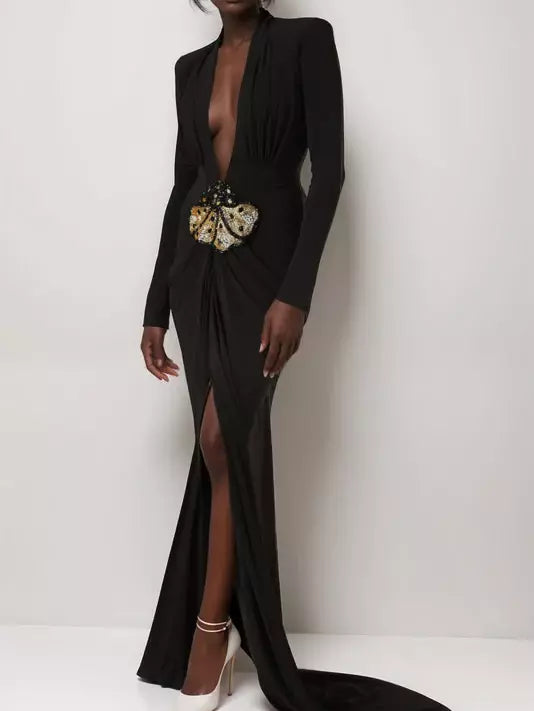 Elegant black plunge-neck draped stretch gown with beaded patch embroidery detail